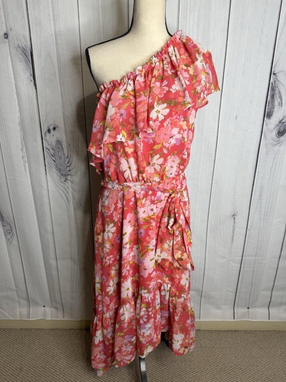 Vince Camuto One-Shoulder Asymmetrical Hem Floral Dress Sz 12 Sash Belt Pink